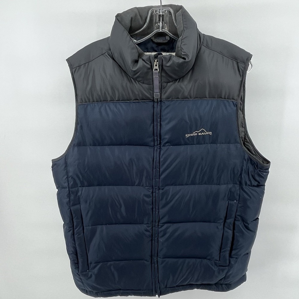 Eddie Bauer‎ Vest Mens Medium Goose Down Puffer Outdoor Gray Navy Hiking Warm